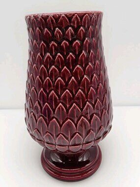 Vintage Red Wing USA Pottery Feather 8.5" Vase Deep Ruby Red Pedestal MCM M1442